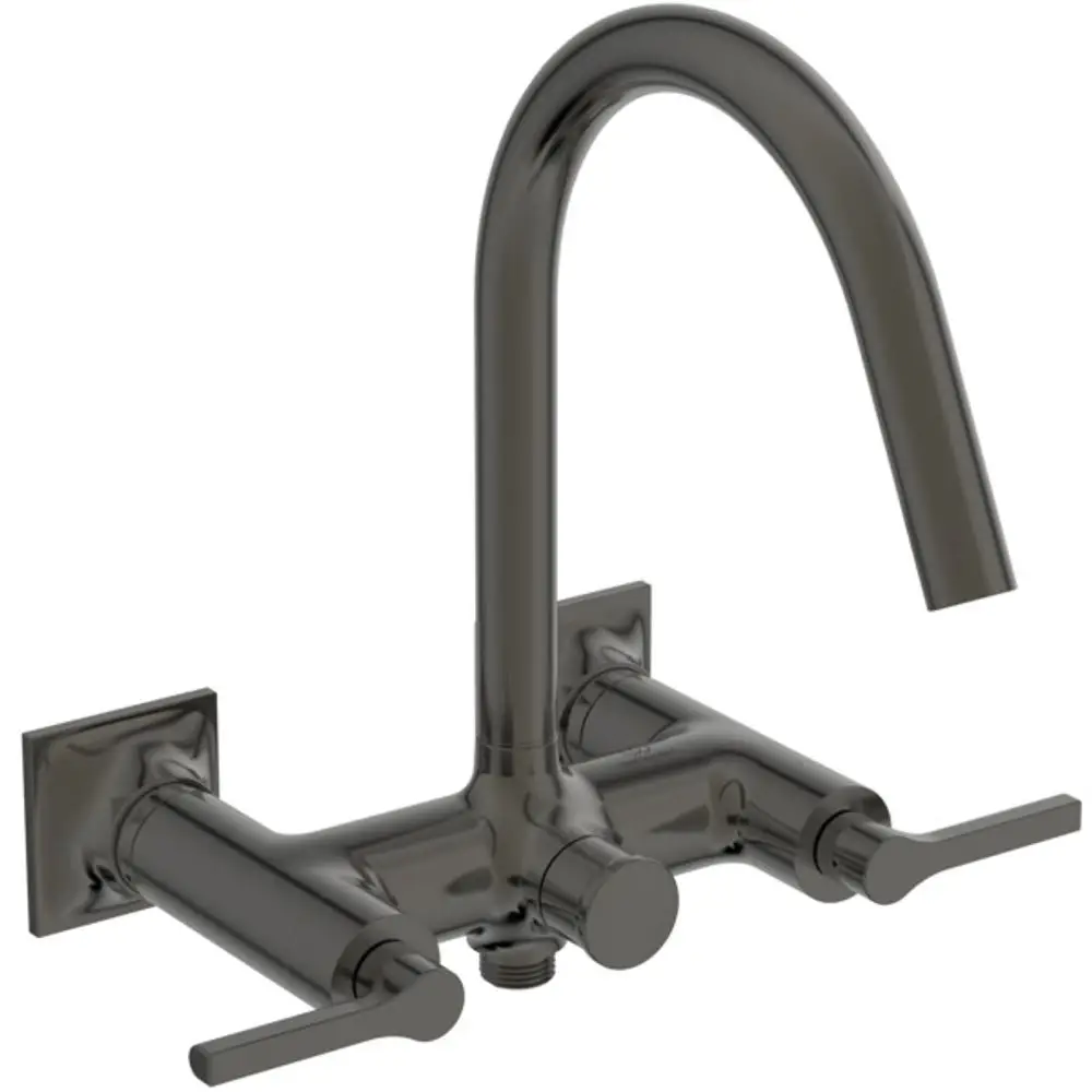 Wandarmatur von Ideal Standard mit zwei Hebelgriffen und einem gebogenen Auslauf in einer grauen Metallic-Oberfläche.